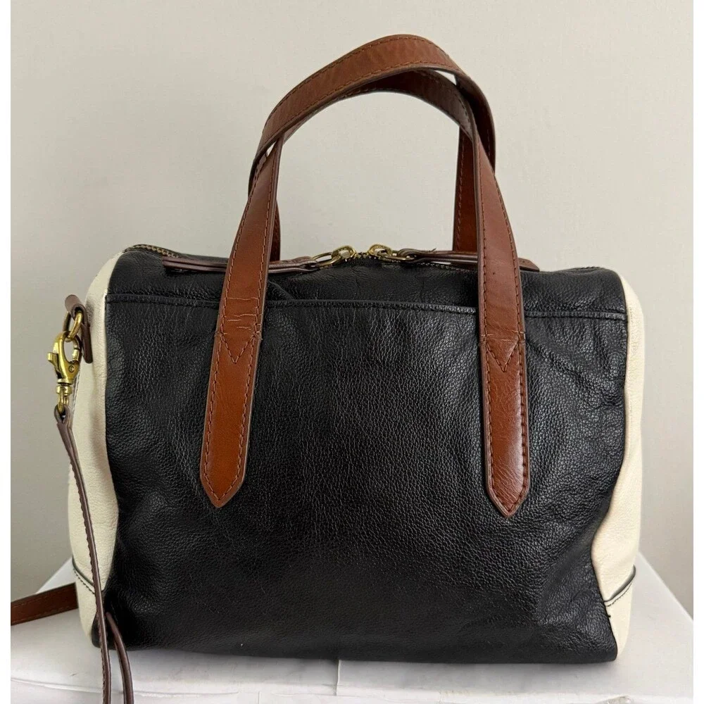 Fossil Sydney Satchel Black/White Brass Leather Crossbody Bag & Wallet